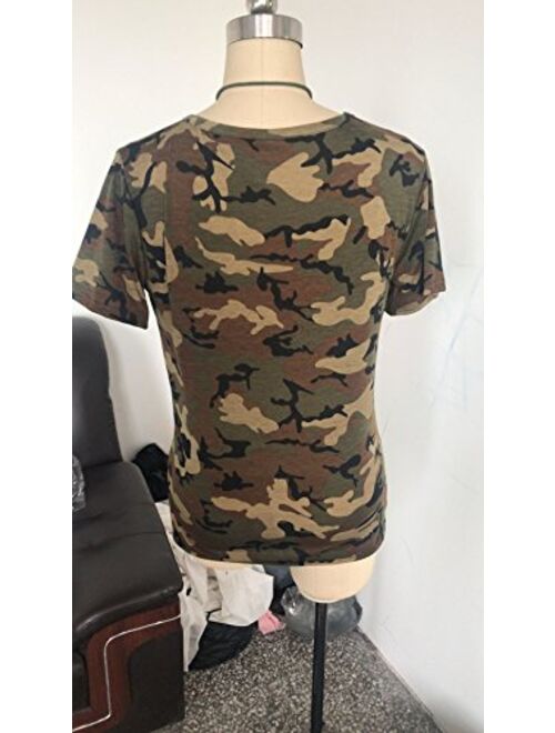 Women's Short Sleeves Camouflage Lace-up Casual Top Sexy Hollow Lace Up Shirt