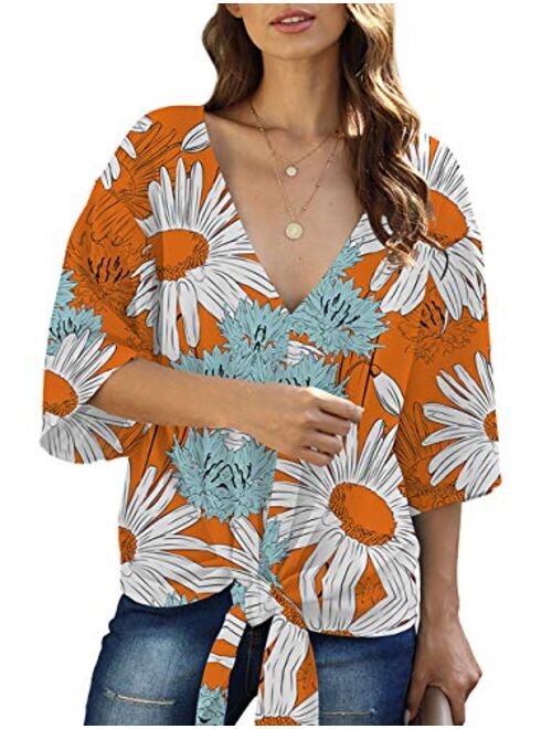 Angerella Womens Tie Front Tops 3/4 Sleeve Loose Casual Workout V Neck Blouses