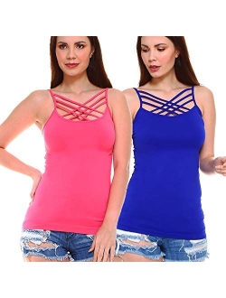 Women Sexy Criss Cross Front Spaghetti Strap Basic Round HollowOut Neck Seamless Camisole Tank Top