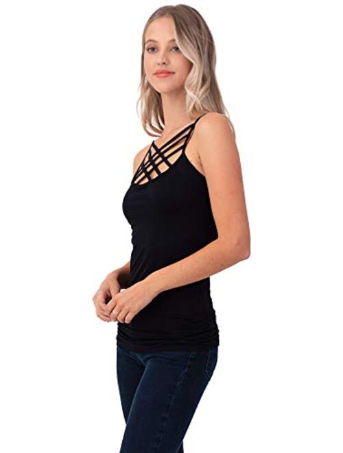 Women Sexy Criss Cross Front Spaghetti Strap Basic Round HollowOut Neck Seamless Camisole Tank Top