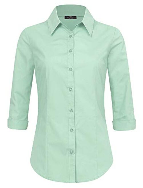 Made By Johnny Women's Solid 3/4 Sleeve Stretchy Button Down Collared Office Formal Casual Blouse (S~3XL)