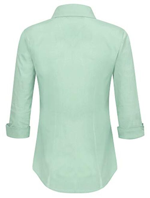 Made By Johnny Women's Solid 3/4 Sleeve Stretchy Button Down Collared Office Formal Casual Blouse (S~3XL)