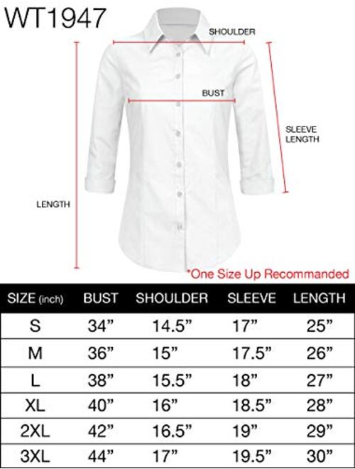 Made By Johnny Women's Solid 3/4 Sleeve Stretchy Button Down Collared Office Formal Casual Blouse (S~3XL)