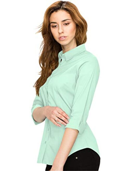 Made By Johnny Women's Solid 3/4 Sleeve Stretchy Button Down Collared Office Formal Casual Blouse (S~3XL)