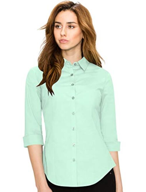 Made By Johnny Women's Solid 3/4 Sleeve Stretchy Button Down Collared Office Formal Casual Blouse (S~3XL)