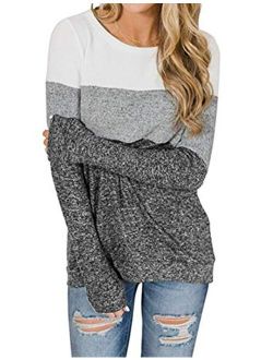 Locryz Womens Color Block Long Sleeve Round Neck Shirts Pullover Sweatshirt Tops
