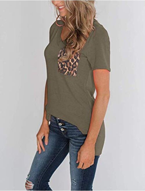 SVALIY Womens Summer Short Sleeves Casual Loose V Neck T Shirts Basic Tops Leopard Pocket