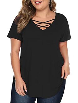 Amoretu Women's Plus Size Tops Short/Long Sleeve Criss Cross V Neck T-Shirt