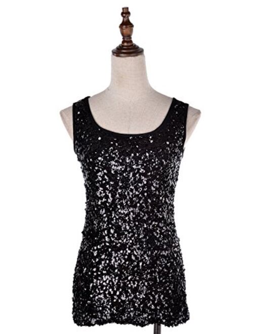 Anna Kaci Anna-Kaci Womens Sparkle & Shine Glitter Sequin Embellished Sleeveless Round Neck Tank Top