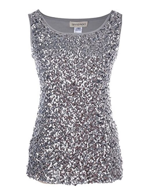 Anna Kaci Anna-Kaci Womens Sparkle & Shine Glitter Sequin Embellished Sleeveless Round Neck Tank Top