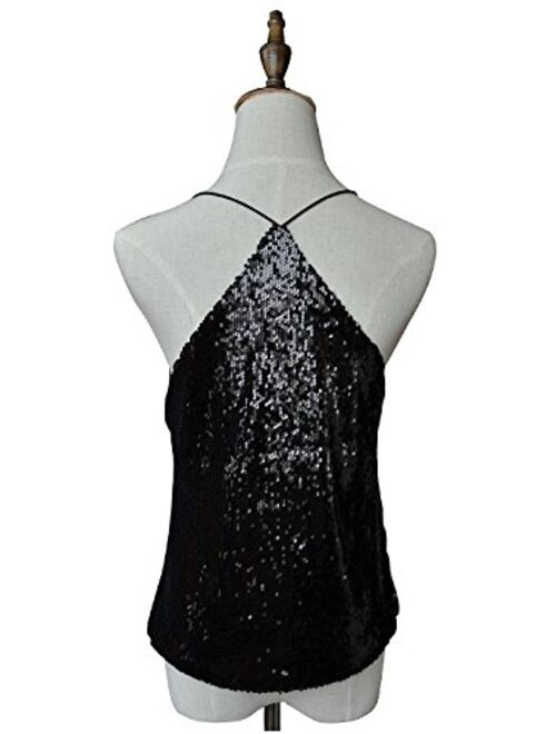 Anna Kaci Anna-Kaci Womens Sequin Spaghetti Strap Crop Camisole Tank Top, Matte or Shiny
