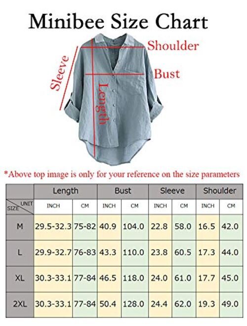 Minibee Women's Linen Blouse High Low Shirt Roll-Up Sleeve Tops