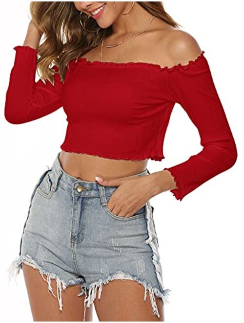 PRETTODAY Women's Sexy Off Shoulder Crop Tops Short Sleeve Shirts Casual Slim Tees