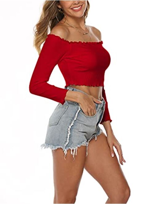 PRETTODAY Women's Sexy Off Shoulder Crop Tops Short Sleeve Shirts Casual Slim Tees