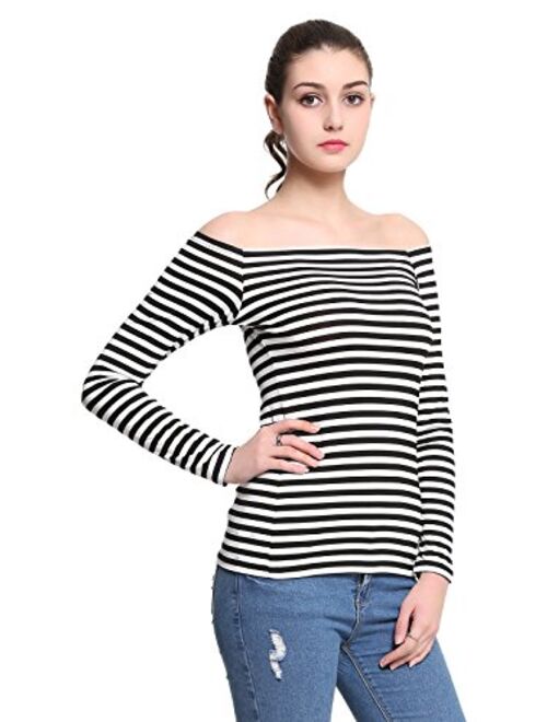 Maggie Tang Trendy Solid Fitted Off Shoulder Long Sleeve Blouse Top