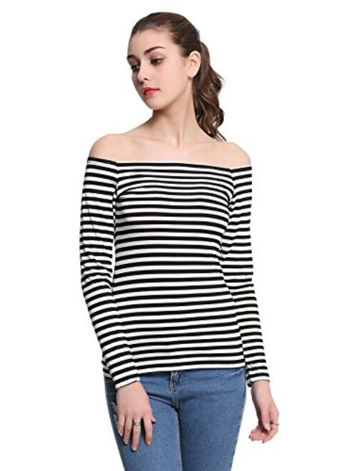 Maggie Tang Trendy Solid Fitted Off Shoulder Long Sleeve Blouse Top
