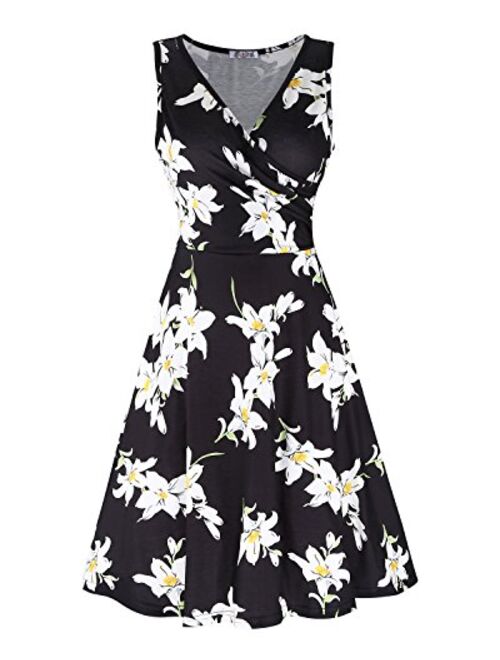 KILIG Women's Casual Dress V Neck A Line Cap Sleeveless Summer Casual Sundress Elegant Wrap Midi Dress