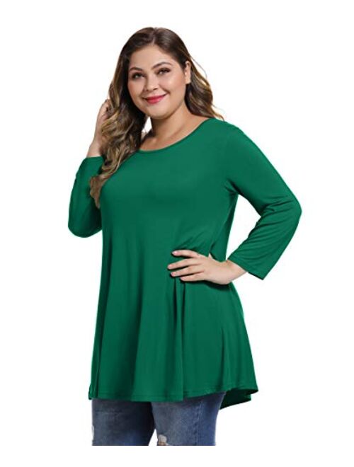 MONNURO Womens 3/4 Sleeve Casual Loose Fit Swing Plus Size Tunic Tops Basic T Shirt