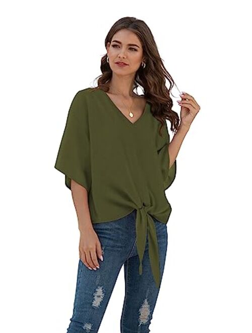 VIISHOW Womens Floral Tie Front Chiffon Blouses V Neck Batwing Short Sleeve Summer Tops Shirts