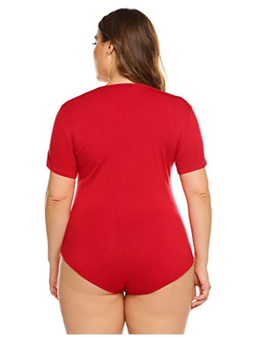 IN'VOLAND Women's Bodysuit Plus Size Short Sleeve Scoop Neck Bodysuit Basic Top T Shirt Leotards Jumpsuits