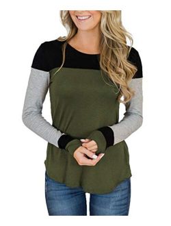 Tobrief Women's Color Block Patchwork Tunic Tops Casual Long Sleeve Shirts S-XXL