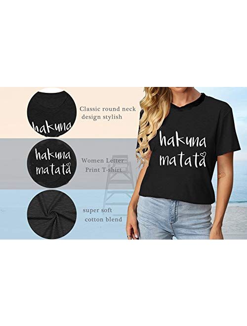 Hakuna Matata T Shirts Women Funny Letter Print Short Sleeve Casual Loose Graphic Tee Tops