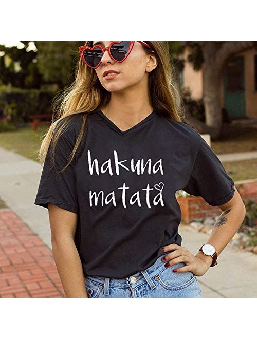 Hakuna Matata T Shirts Women Funny Letter Print Short Sleeve Casual Loose Graphic Tee Tops