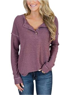 PRETTODAY Women's Long Sleeve Henley Tops Casual Scoop Neck Tunics with Buttons