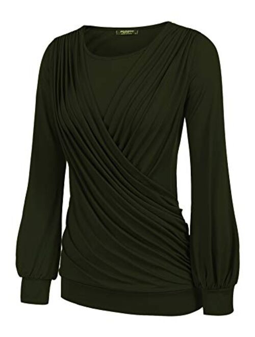 Zeagoo Women Drape Tops Stretchy Round Neck Tops Long Sleeve Front Pleated Blouse