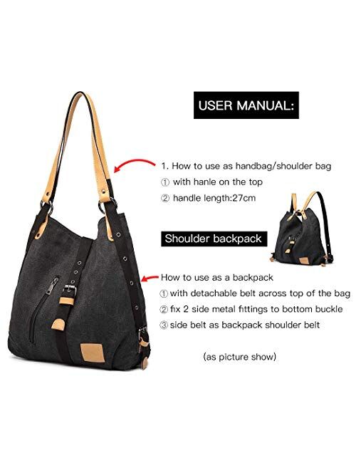 Kono Canvas Purse Handbag for Women Girls Shoulder Tote Bag Convertible Backpack 3 in 1 Daypack Sackpack School Bag