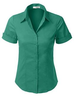 LE3NO Womens Tailored Short Sleeve Button Down Shirt with Stretch
