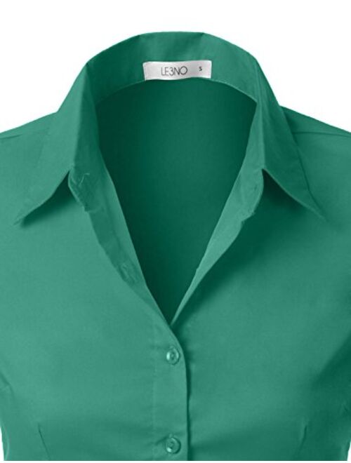 LE3NO Womens Tailored Short Sleeve Button Down Shirt with Stretch