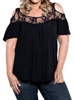 PINUPART Women's Short Sleeve Cold Shoulder Pull on Plus Size Lace Knit Top