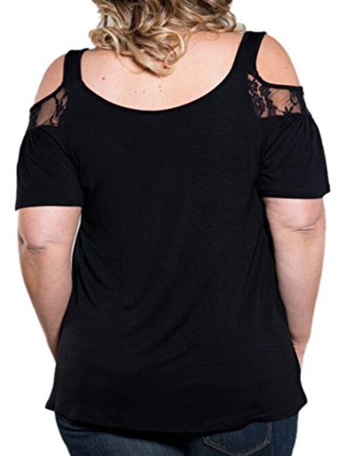 PINUPART Women's Short Sleeve Cold Shoulder Pull on Plus Size Lace Knit Top