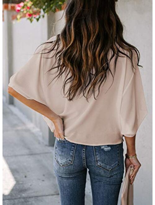 HOTAPEI Womens Blouses and Tops for Work Fashion 2020 Casual Summer Short Sleeve Wrap V Neck Draped Front Blouses