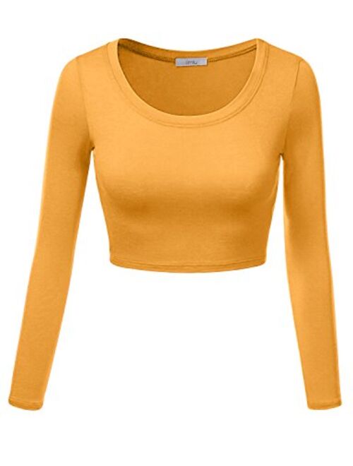 Simlu Womens Crop Top Round Neck Basic Long Sleeve Crop Top with Stretch Reg and Plus Size - USA