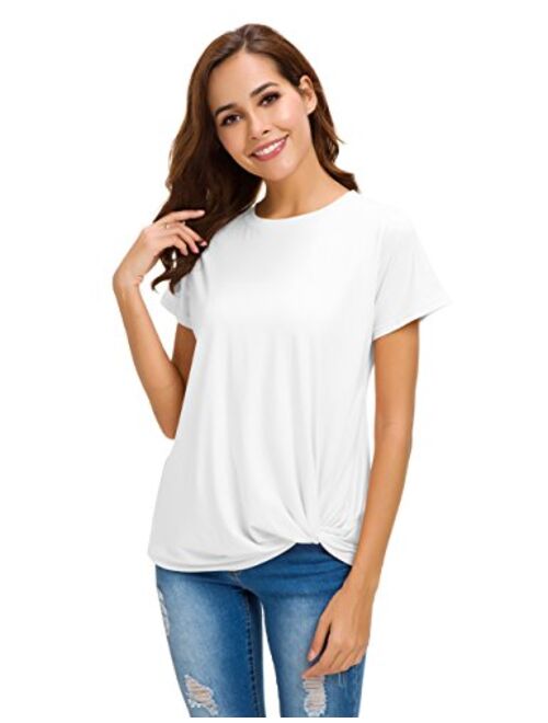 LUSMAY Womens Short Sleeve Loose Twist Knot Front T Shirts Cotton Casual Blouse