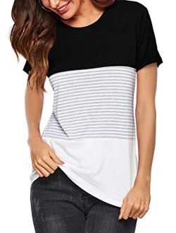 Amoretu Women Round Neck Striped Short Sleeve Summer T-Shirts Casual Blouse Tops