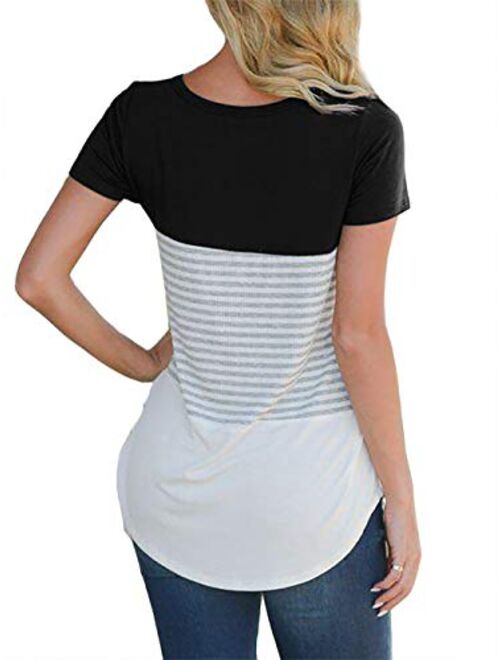 Amoretu Women Round Neck Striped Short Sleeve Summer T-Shirts Casual Blouse Tops