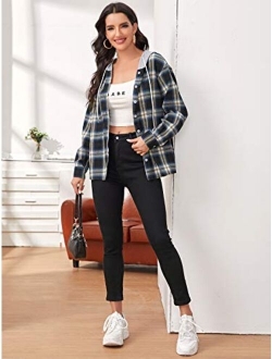 Women's Long Sleeve Plaid Hoodie Jacket Button Down Blouse Tops