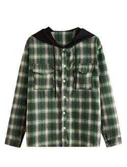 Women's Long Sleeve Plaid Hoodie Jacket Button Down Blouse Tops