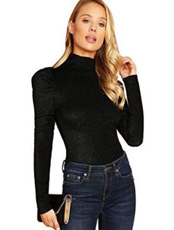 Women's Solid Puff Sleeve Crew Neck Casual T Shirt Top