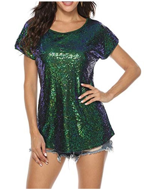 YAWOVE Women's Sparkle Sequin Top Short Sleeve Shimmer Glitter Party Tunic Tops