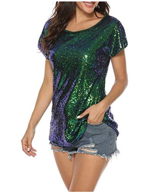 YAWOVE Women's Sparkle Sequin Top Short Sleeve Shimmer Glitter Party Tunic Tops
