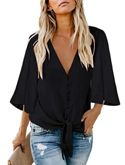 Biucly Women's V Neck Tops 3/4 Sleeve & Short Sleeve Chiffon Casual Tie Knot Blouses Button Down Shirts(S-2XL)
