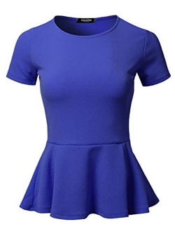 SSOULM Women's Classic Stretchy Short Sleeve Flare Peplum Blouse Top with Plus Size