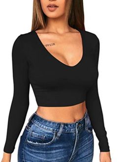 XXTAXN Women's Sexy Bodycon Basic Scoop Neck Long Sleeve Slim Solid Color Crop Top