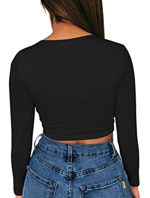 XXTAXN Women's Sexy Bodycon Basic Scoop Neck Long Sleeve Slim Solid Color Crop Top