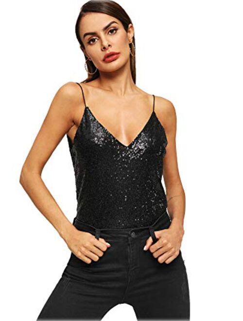 Romwe Women's Sparkle Sequin V Neck Cami Sexy Club Tank Top