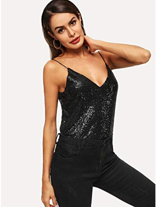 Romwe Women's Sparkle Sequin V Neck Cami Sexy Club Tank Top